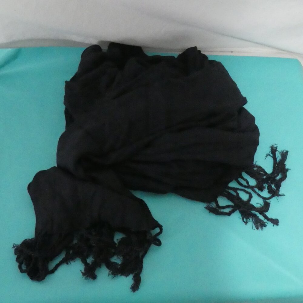MAIWA Shawls and Scarves | OS One Size | Sheer Black Scarf With Fringed Ends